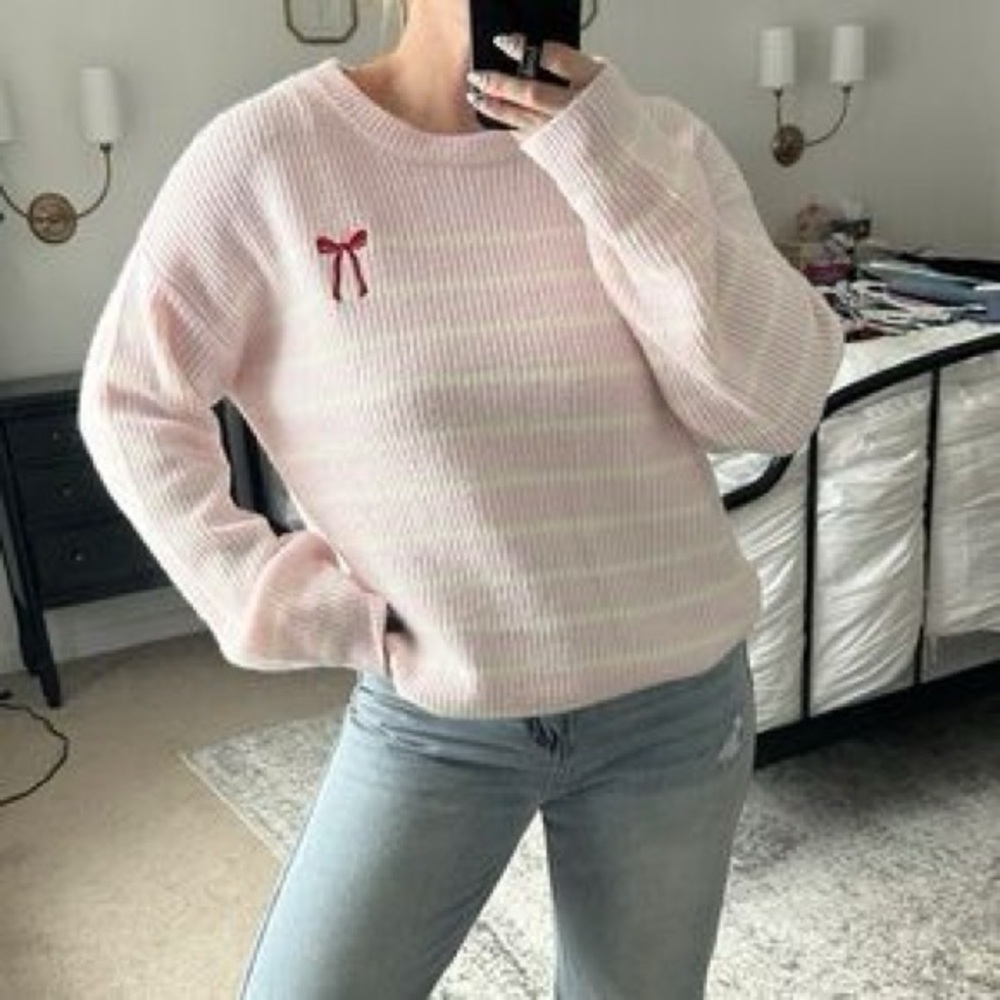 104. a new day Light Pink Striped Sweater with Red Bow